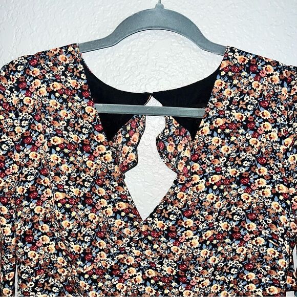 Top Shop Womens Floral V-Neck Long Sleeve Ruffle Mini A-Line Dress Black Size 8 - Picture 5 of 11